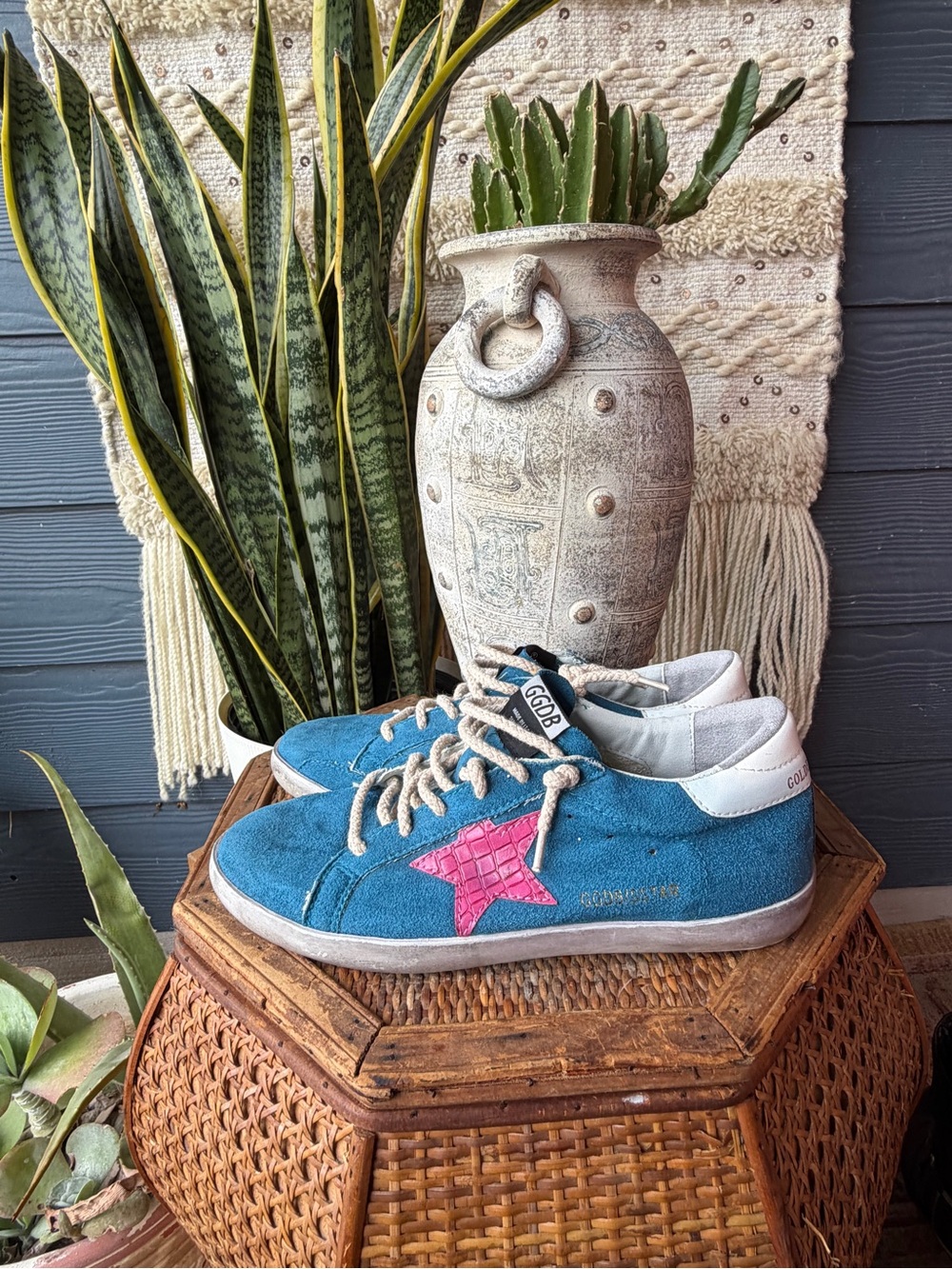 Golden Goose Blue Suede Sneakers with Pink Star